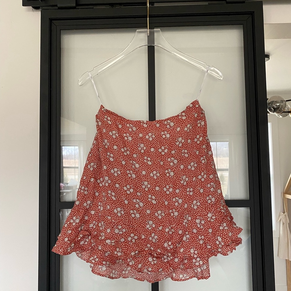 Lulus Floral Print Rust White Rayon Polyester Ruffle skirt - Picture 3 of 11